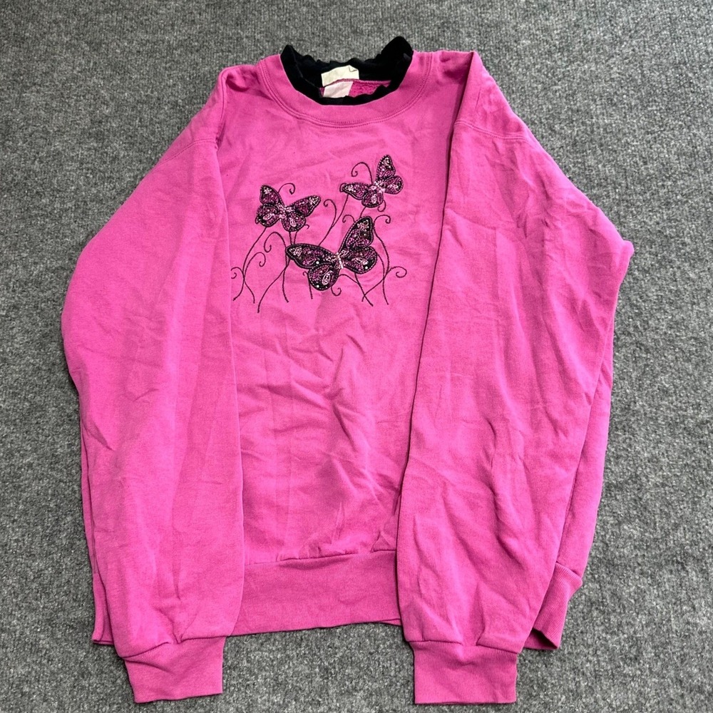 Top Stitch Sweatshirt Womens Size L Pink Butterfly Graphic Double Collar Vintage